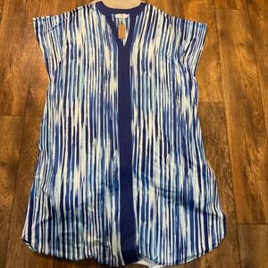iRelax Nightgown Coverup Blue Printed Size L/XL Short‎ Sleeve Light Dress V Neck